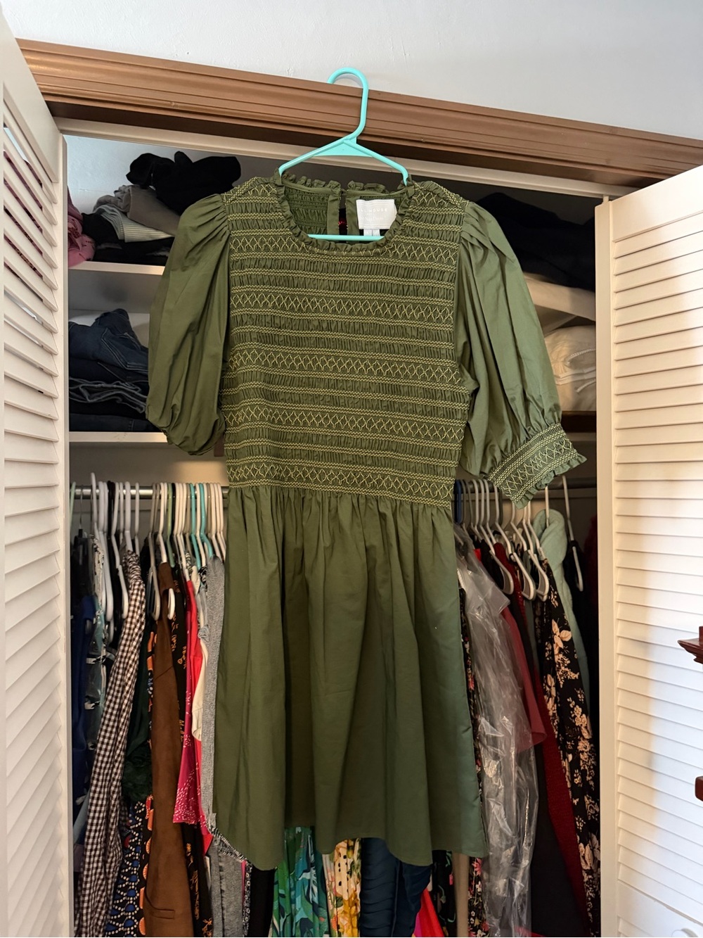 Olive Green Smocked Puff-Sleeve Dress